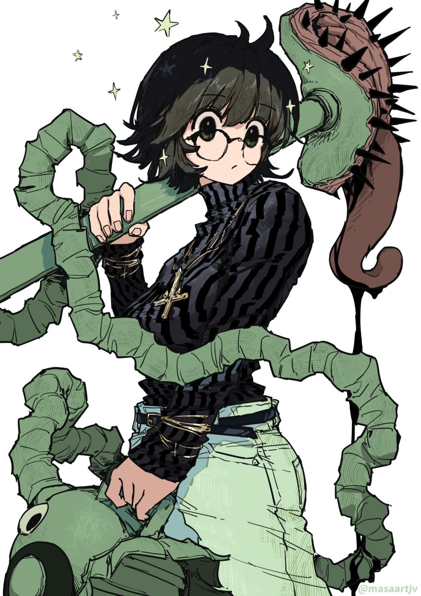 1girl black_eyes black_hair black_sweater blinky_(hunter_x_hunter) commentary_request cross cross_necklace glasses green_pants highres hunter_x_hunter jewelry masaartjv necklace pants saliva shizuku_murasaki simple_background sparkle standing star_(symbol) sweater tongue turtleneck turtleneck_sweater vacuum_cleaner white_background