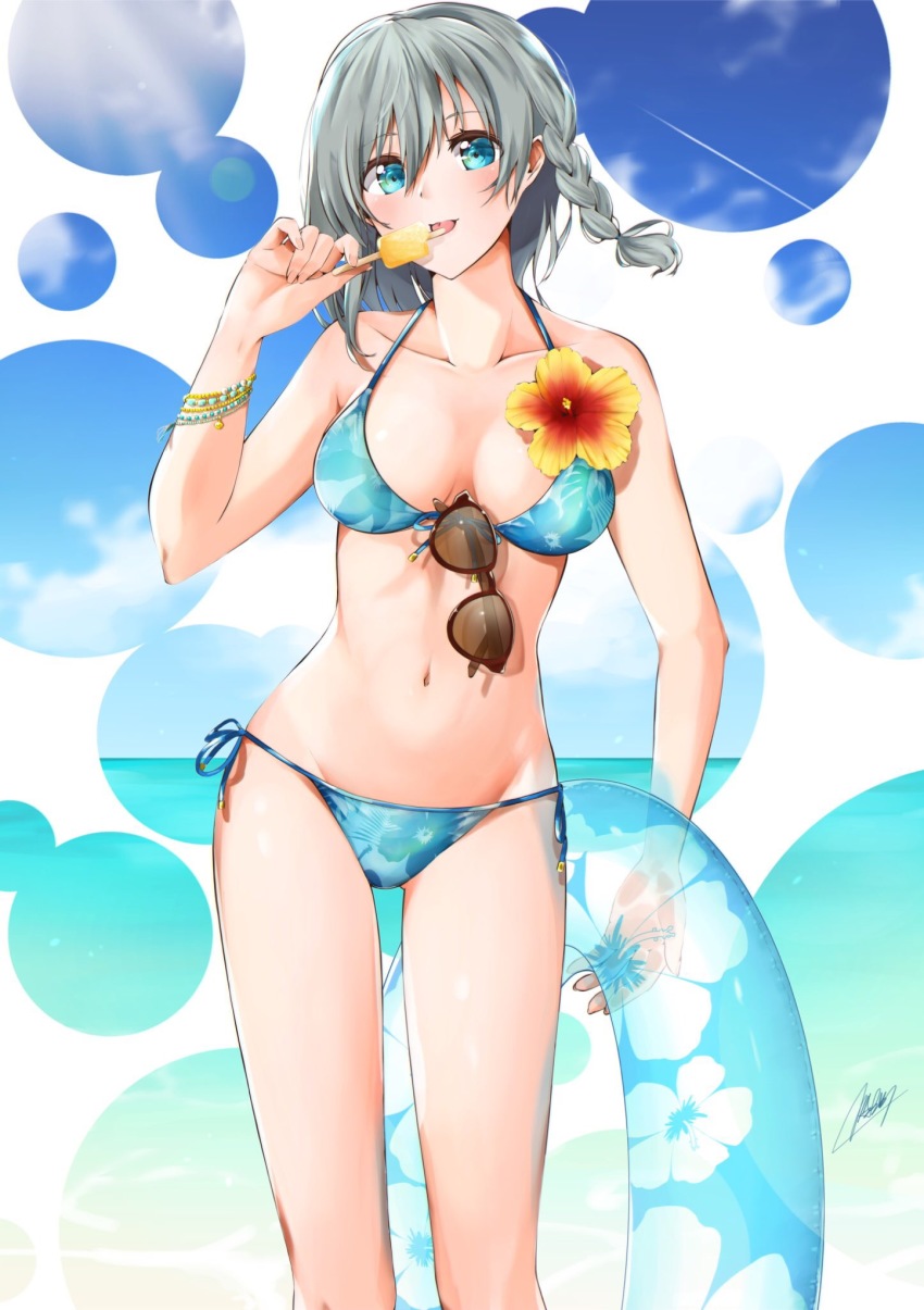 1girl aqua_eyes beach bikini blue_sky blush bracelet braid breasts caustics cloud collarbone day eating eyewear_hang female_focus floral_print flower food front-tie_bikini_top front-tie_top gluteal_fold grey_hair groin hair_between_eyes halterneck hand_up head_tilt hibiscus highres holding horizon ice_cream innertube jewelry lens_flare looking_at_viewer mar0maru medium_breasts navel ocean original outdoors shiny_skin side-tie_bikini_bottom side_braid signature sky smile solo standing string_bikini sunglasses swim_ring swimsuit tongue tongue_out transparent unworn_eyewear