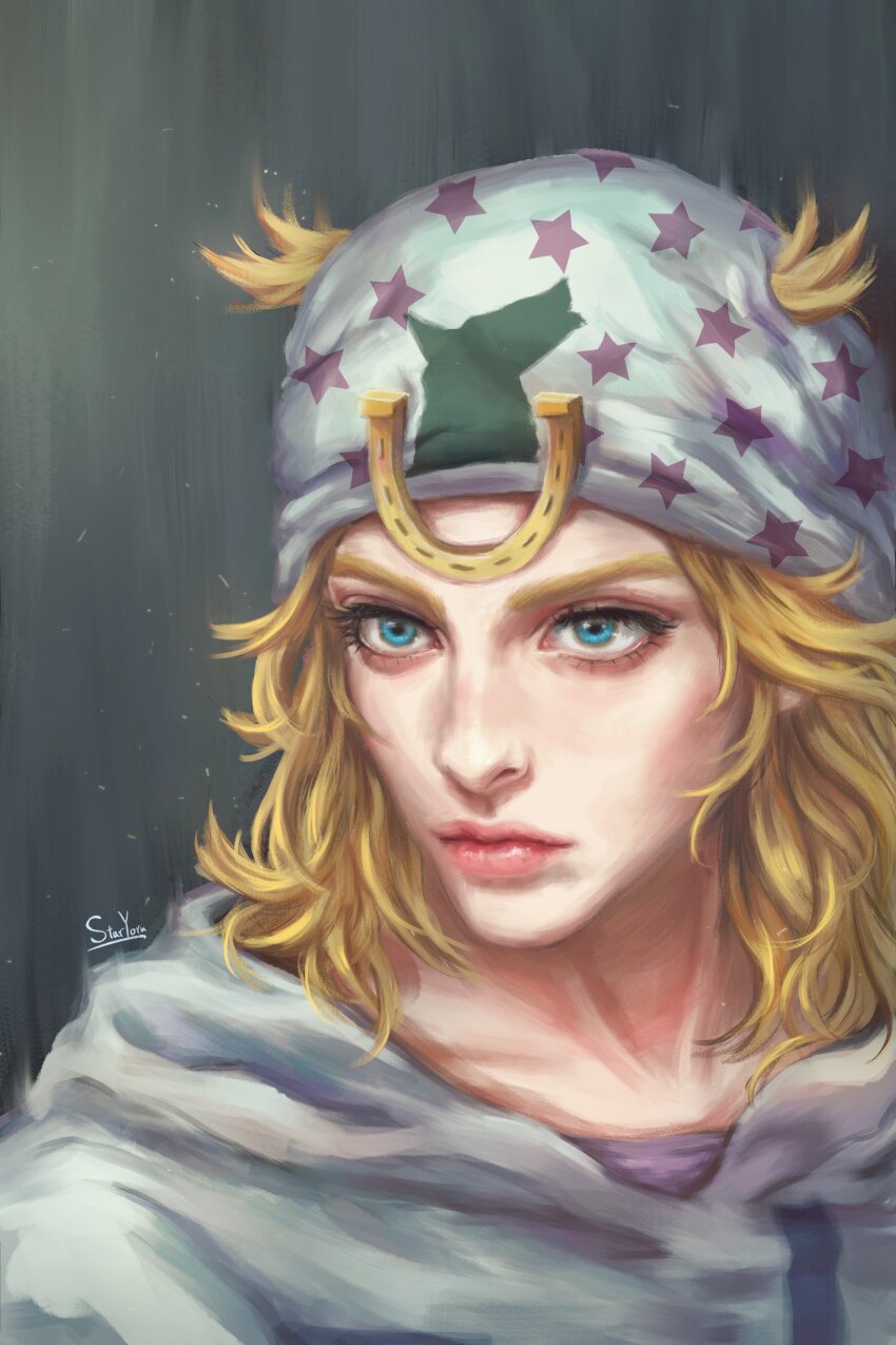 1boy absurdres bishounen blonde_hair blue_eyes commentary english_commentary hat highres hood hood_down hoodie horse_print horseshoe horseshoe_hat_ornament horseshoe_ornament johnny_joestar jojo_no_kimyou_na_bouken lips male_focus medium_hair signature solo star_(symbol) star_print staryoruu steel_ball_run white_hat white_hoodie