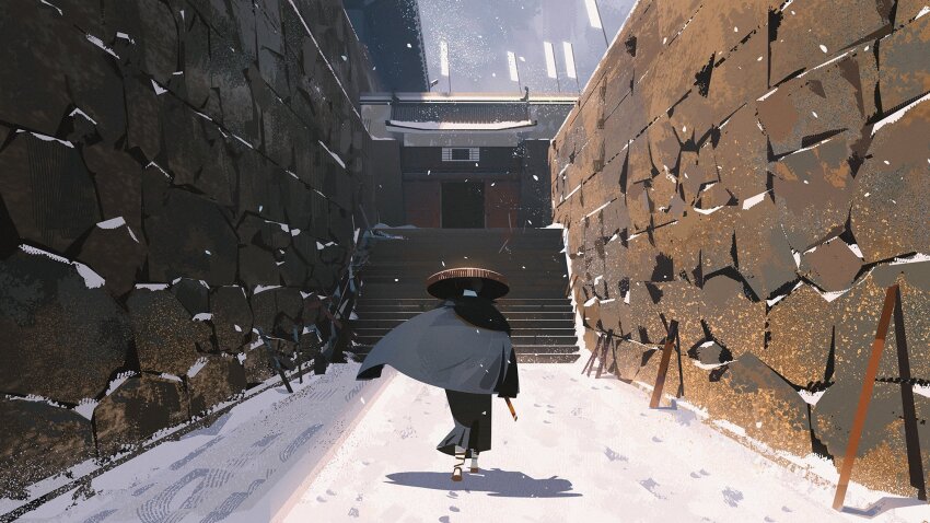 1other blue_eye_samurai cloak commentary concept_art day door english_commentary floating_cape from_behind hat highres holding_scabbard netflix official_art outdoors rice_hat sandals scabbard scenery shadow sheath snow snowing solo stairs sunlight walking wide_shot yun_ling