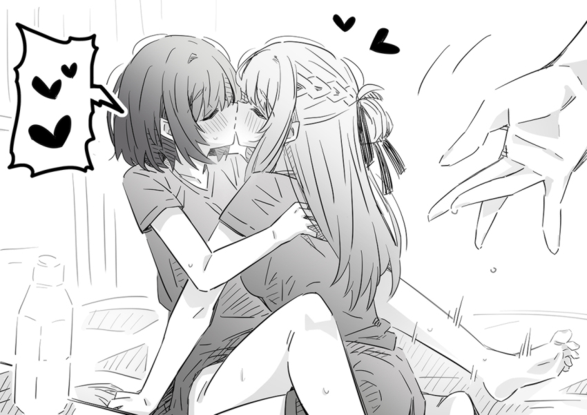 2girls arm_support between_legs blush closed_eyes commentary fingering_gesture greyscale hair_ribbon half_updo heart kiss long_hair lwmina70119 miyagi_shiori monochrome multiple_girls ribbon sendai_hazuki shirt short_hair short_sleeves shuuniichido_classmate_wo_kau_hanashi sidelocks yuri