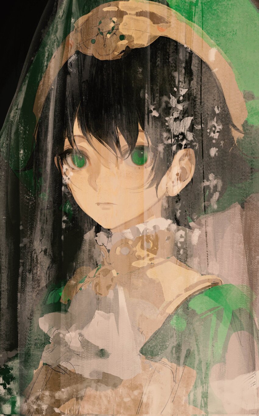 1girl ascot black_background black_hair chongzhen_085 closed_mouth goth_fashion green_hat hat highres looking_at_viewer portrait see-through_clothes seth_nightroad short_hair simple_background solo trinity_blood veil white_ascot