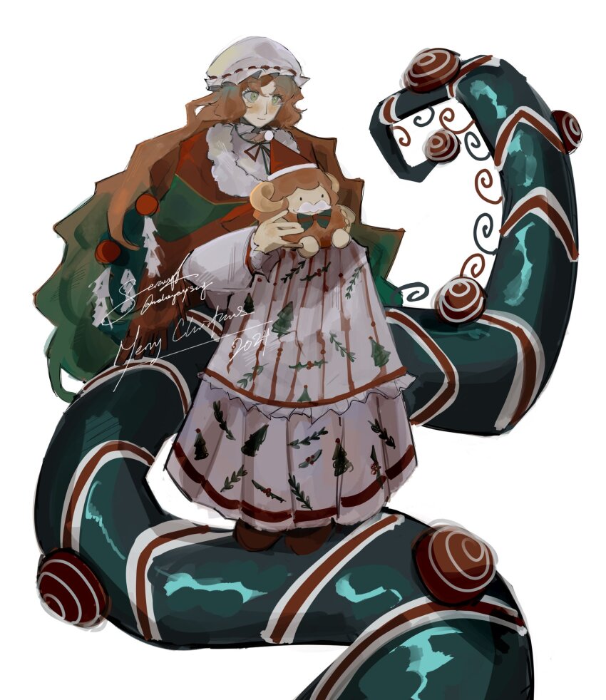 1girl brown_footwear candy christmas_nightmare_(e.g.o) christmas_tree_print dress e.g.o_(project_moon) facial_hair food green_eyes green_hair hat highres horns ishmael_(project_moon) limbus_company long_hair multicolored_hair mustache nolongeryisang orange_hair project_moon santa_hat shawl sheep_horns simple_background solo stuffed_animal stuffed_toy tentacles white_background white_dress