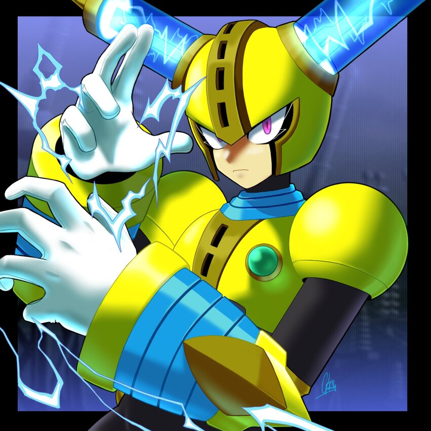 1boy armor blurry blurry_background commentary_request electricity fuse_man helmet highres lessgalaxy male_focus mega_man_(classic) mega_man_(series) purple_eyes signature solo upper_body yellow_armor yellow_helmet