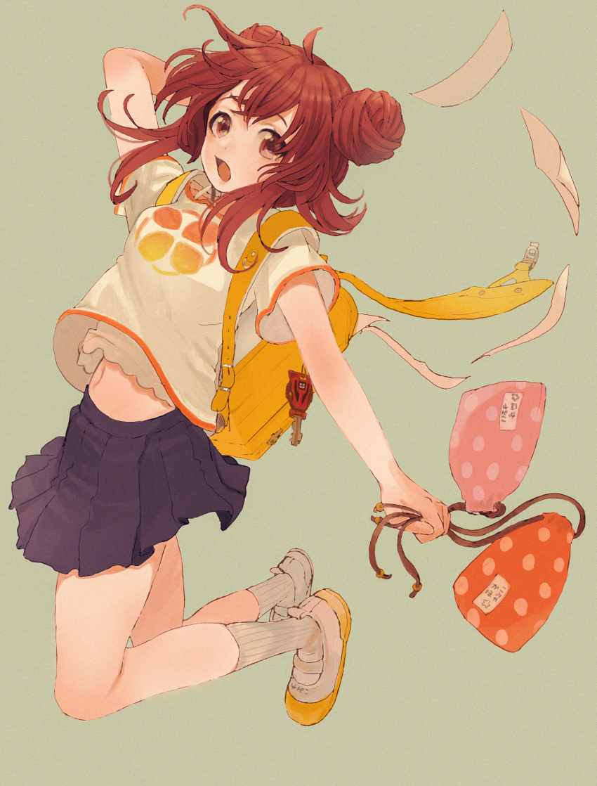 1girl :o absurdres ahoge arm_behind_head arm_up backpack bag bare_arms blue_skirt blush body_blush breasts camisole commentary_request dot_nose double_bun floating_clothes floating_hair flying_paper full_body green_background hair_bun highres holding holding_bag idolmaster idolmaster_shiny_colors jumping key komiya_kaho long_hair looking_at_viewer looking_to_the_side midriff_peek miniskirt multicolored_shoes navel open_bag open_mouth orange_bag orange_trim paper papers pink_hair pleated_skirt polka_dot_bag print_shirt raised_eyebrows randoseru red_eyes red_hair shirt shoes short_sleeves sidelocks skirt small_breasts socks solo tanupon thick_eyelashes thighs translated two-tone_shoes undershirt uwabaki white_camisole white_shirt white_socks wide_sleeves yellow_bag