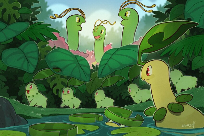 antennae bayleef blue_sky chikorita colored_skin day gen_2_pokemon gen_3_pokemon green_skin jungle leaf lily_pad lotad meganium nature nintendo no_humans outdoors pokemon pokemon_(creature) red_eyes sky squeegool water