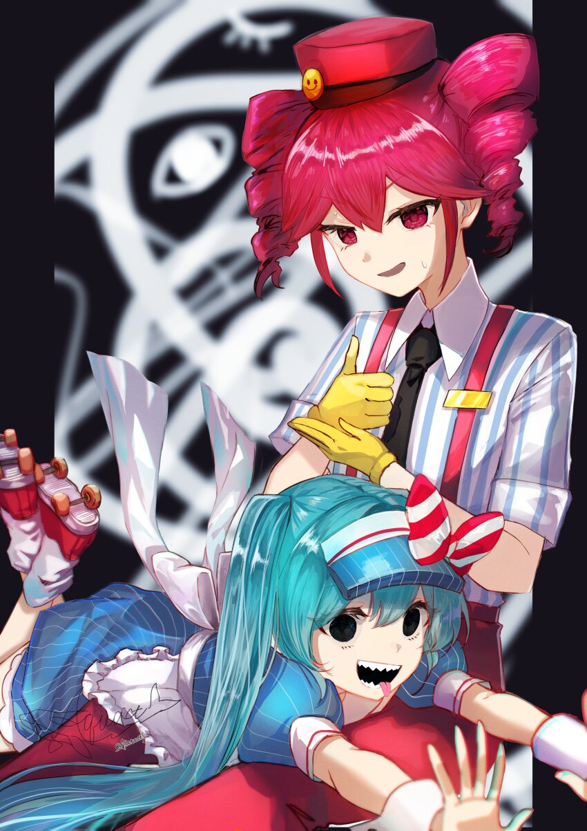2girls absurdres alternate_costume alternate_eye_color ankle_socks apron aquact back_bow black_background black_necktie blue_dress blue_hat bow collared_shirt crazy crazy_eyes crazy_smile diagonal-striped_bow dress drill_hair feet_out_of_frame flat_chest gloves hair_between_eyes hat hat_bow hatsune_miku help_(american_sign_language) highres kasane_teto kneeling legs_up looking_at_viewer lying lying_on_person mesmerizer_(vocaloid) multiple_girls necktie on_stomach open_mouth outstretched_arm pants pinstripe_dress pinstripe_hat pinstripe_pattern red_bow red_eyes red_hat red_pants sharp_teeth shirt skates sleeves_rolled_up smile smiley_hat_ornament socks solid_circle_eyes striped_clothes striped_shirt suspenders sweatdrop teeth tongue tongue_out twin_drills twintails utau visor_cap vocaloid waist_apron white_apron white_bow white_socks white_wrist_cuffs wing_collar wrist_cuffs yellow_gloves