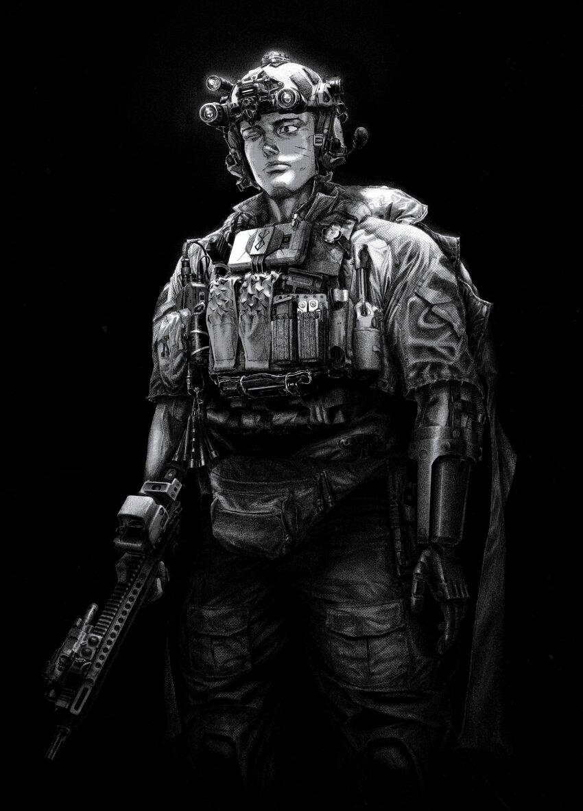 1boy berserk brand_of_sacrifice bulletproof_vest combat_helmet ear_protection greyscale gun helmet highres holding holding_gun holding_weapon mechanical_hands microphone migrainxxl military_uniform monochrome night_vision_device one-eyed original radio rifle single_mechanical_hand weapon