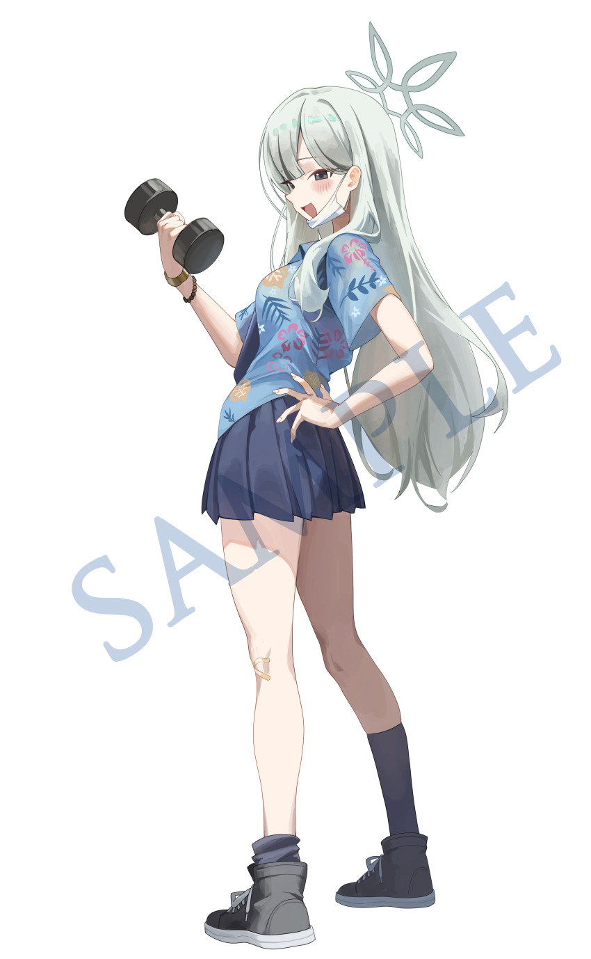 1girl absurdres bandages black_necktie blue_archive blue_shirt dumbbell floral_print_shirt full_body grey_eyes grey_hair grey_halo halo hawaiian_shirt highres holding holding_dumbbell kneehighs konoka_(blue_archive) long_hair mask mask_pull miniskirt mouth_mask necktie open_mouth pleated_skirt sample_watermark shirt shoes short_sleeves skirt smile socks solo syc2159 watermark white_background white_mask