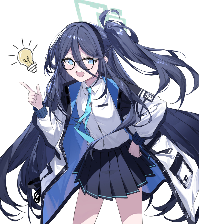 1girl absurdres aris_(blue_archive) bespectacled black_hair blue_archive blue_eyes blush breasts commentary_request elinnasky glasses hair_between_eyes hair_ornament hairband highres jacket light_bulb long_hair looking_at_viewer necktie open_mouth simple_background solo spoken_light_bulb white_background