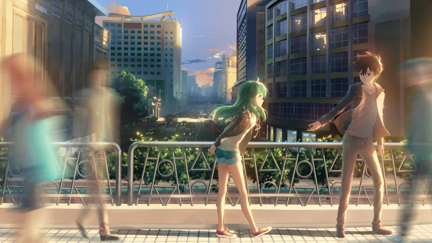 1boy 1girl arms_behind_back beckoning black_footwear black_hair black_jacket blue_eyes blue_sky breasts bridge building car city cityscape closed_mouth cloud cloudy_sky day denim denim_shorts evening floating_hair full_body green_hair highres jacket jeans lamppost long_hair long_sleeves looking_at_another looking_back medium_breasts motion_blur motor_vehicle open_clothes open_jacket opticalcore original outdoors outstretched_arm outstretched_hand painttool_sai_(medium) pants photo-referenced purple_eyes railing real_world_location reflection road scenery shirt shoes short_shorts shorts sidewalk sky skyscraper smile smog sneakers street traffic vanishing_point white_shirt window