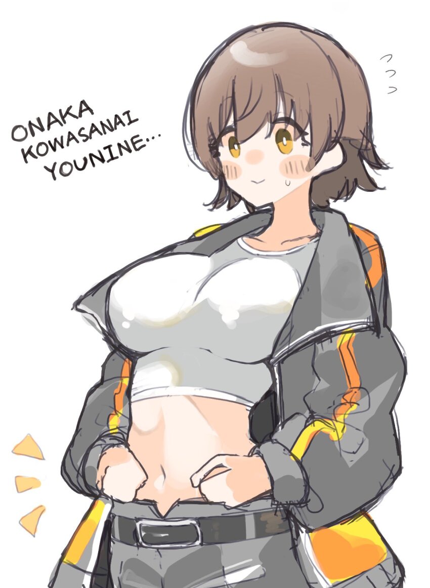 1girl belt black_jacket blush blush_stickers breasts brown_hair collarbone cropped_shirt empty17033658 flipped_hair flying_sweatdrops highres honda_mio idolmaster idolmaster_cinderella_girls jacket large_breasts midriff navel notice_lines romaji_text shirt short_hair simple_background smile solo sweatdrop translation_request white_shirt