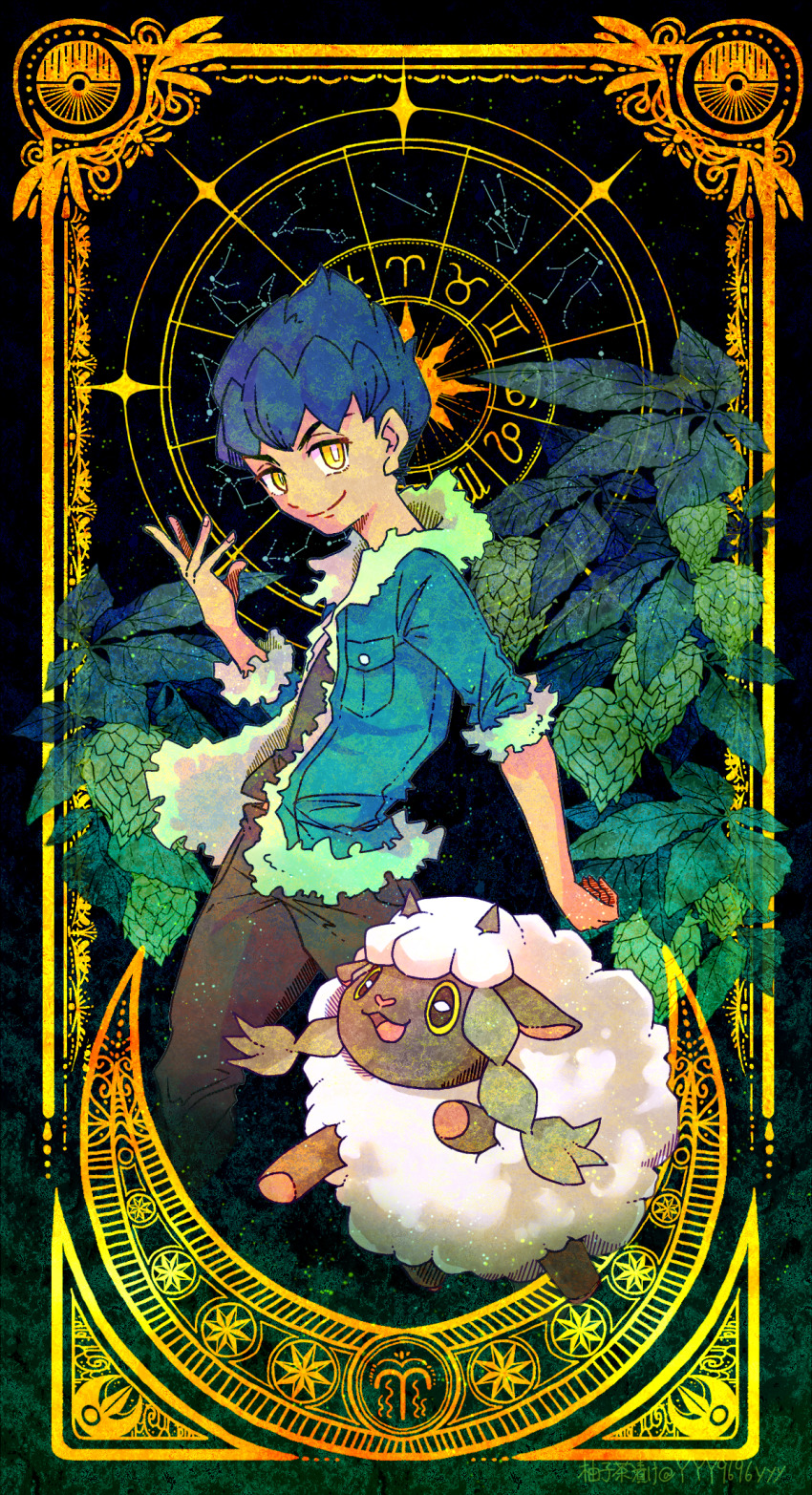 1boy black_pants black_shirt blue_hair blue_jacket closed_mouth commentary_request constellation creatures_(company) dark-skinned_male dark_skin game_freak gen_3_pokemon gen_8_pokemon highres hop_(pokemon) jacket leaf lunatone male_focus nintendo open_clothes open_jacket open_mouth pants poke_ball_symbol pokemon pokemon_(creature) pokemon_swsh shirt short_hair sky smile star_(sky) starry_sky wooloo yellow_eyes yyy9696yyy zodiac