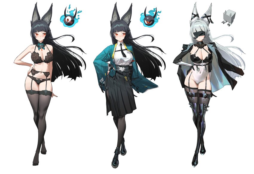 1girl 2b_(nier:automata) 2b_(nier:automata)_(cosplay) absurdres animal_ear_fluff animal_ears bare_shoulders black_bra black_garter_straps black_gloves black_hair black_necktie black_panties black_skirt black_thighhighs blindfold blunt_bangs blush bra breasts closed_mouth cosplay covered_eyes fox_ears fox_girl full_body garter_belt garter_straps gloves green_jacket high-waist_skirt highleg highleg_leotard highres hoshimi_miyabi jacket large_breasts leotard lingerie long_hair long_sleeves multiple_views navel necktie panties red_eyes shirt sidelocks simple_background skirt standing tailless_(zenless_zone_zero) thighhighs underwear underwear_only white_background white_leotard white_shirt wonbin_lee zenless_zone_zero