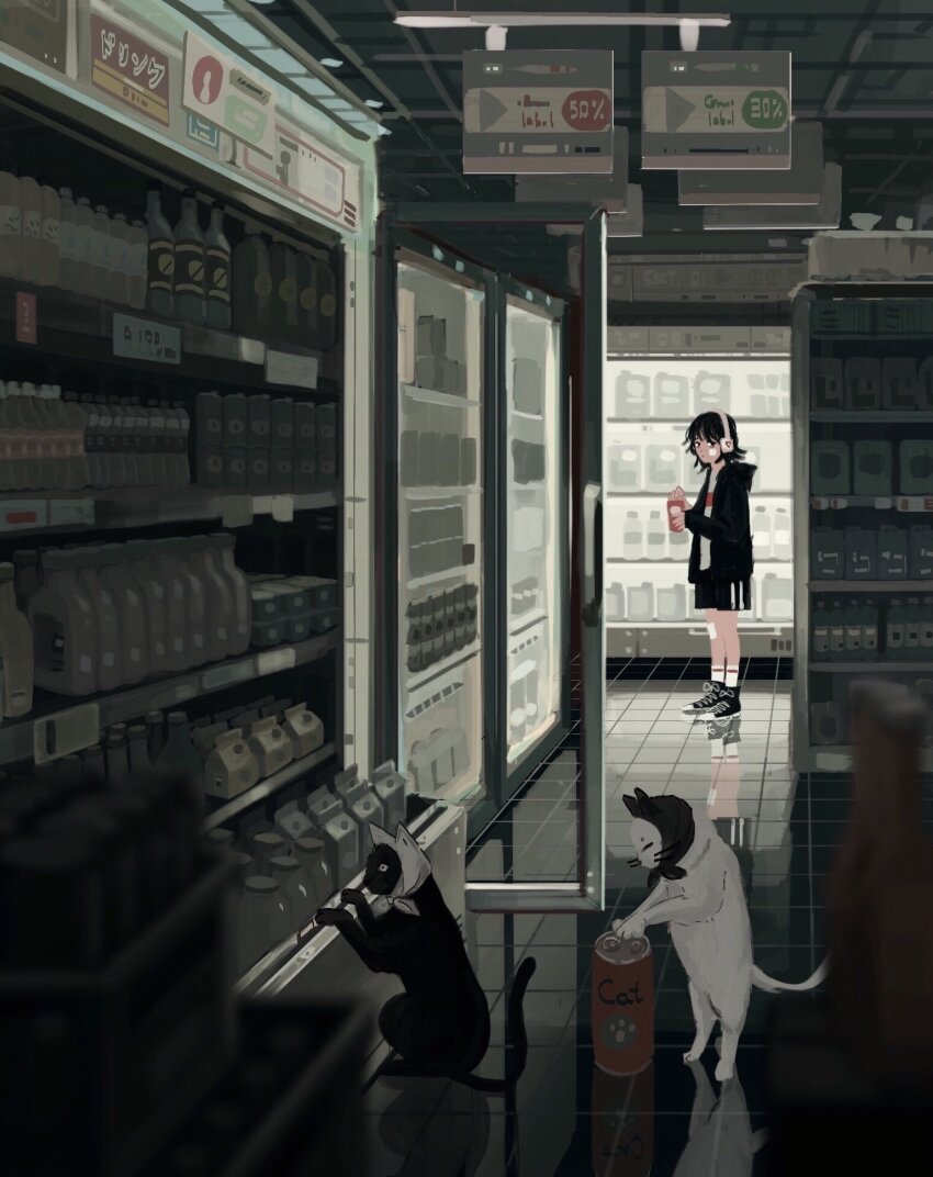 1girl animal black_cat black_eyes black_hair black_headscarf black_jacket black_shoes black_shorts blurry blurry_foreground bottle can cat convenience_store dark gauze gauze_on_cheek gauze_on_leg glass_door_refrigerator grocery_store headphones headscarf highres holding hood hood_down hooded_jacket indoors jacket lan_(ngtblan) milk_carton open_clothes open_jacket original reflection refrigerator shelf shirt shoes shop short_hair shorts sign socks solo standing water_bottle white_cat white_headscarf white_shirt white_socks