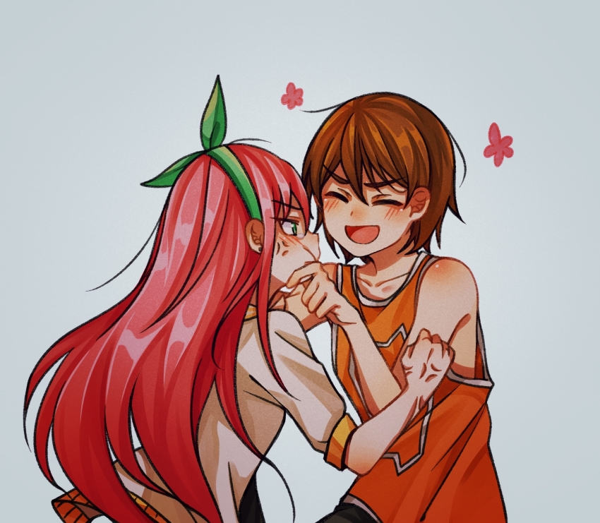 1boy 1girl :d ^_^ anger_vein aubrey_(faraway)_(omori) aubrey_(omori) bare_arms bare_shoulders blush bow_hairband brown_hair closed_eyes collarbone commentary_request face-to-face flower green_eyes green_hairband grey_background hair_behind_ear hair_between_eyes hairband hands_on_another&#039;s_face highres jacket kel_(faraway)_(omori) kel_(omori) linglanjunying long_hair looking_at_another omori open_clothes open_jacket open_mouth orange_tank_top pink_flower pink_hair profile short_hair short_sleeves simple_background smile tank_top upper_body v-shaped_eyebrows white_jacket