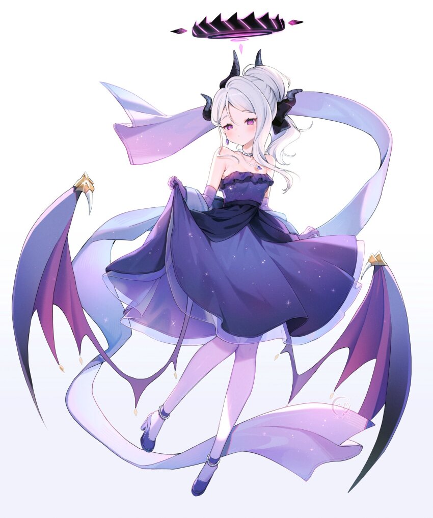 1girl bare_shoulders black_halo black_horns black_ribbon blue_archive blush breasts commentary_request demon_horns demon_wings dress earrings elbow_gloves floating_earring gem gloves halo highres hina_(blue_archive) hina_(dress)_(blue_archive) horns jewelry long_hair multiple_horns necklace official_alternate_costume official_alternate_hairstyle pantyhose pearl_anklet pearl_necklace pendant pink_eyes pink_halo pink_pantyhose purple_dress purple_footwear purple_gemstone purple_wings ribbon shawl shirt_hold simple_background small_breasts solo strapless strapless_dress white_background white_hair white_shawl wings yenkoes