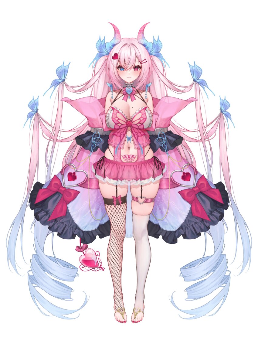 1girl absurdres asymmetrical_legwear babydoll black_panties blue_butterfly blue_hair blue_horns bow bowtie breasts bug butterfly butterfly_hair_ornament canaria_(vtuber) chain cleavage demon_horns demon_tail detached_sleeves drill_hair fishnet_thighhighs fishnets flower frilled_babydoll frilled_sleeves frills full_body gold_chain gold_trim gradient_hair gradient_horns gradient_sleeves hair_ornament hairclip heart heart-shaped_lock heart_hair_ornament heart_o-ring highres horns ijac_ray indie_virtual_youtuber insect large_breasts long_hair mismatched_legwear mole mole_on_breast multicolored_hair multicolored_horns nail_polish navel o-ring panties pelvic_curtain pink_babydoll pink_bow pink_bowtie pink_flower pink_hair pink_horns pink_nails pink_rose pink_skirt pink_sleeves pointy_ears rose second-party_source see-through_clothes side-tie_panties single_fishnet_legwear skirt solo stirrup_legwear stomach_tattoo tail tail_bow tail_ornament tattoo thighhighs toeless_legwear toenail_polish toenails underwear very_long_hair virtual_youtuber white_babydoll white_thighhighs wrist_flower