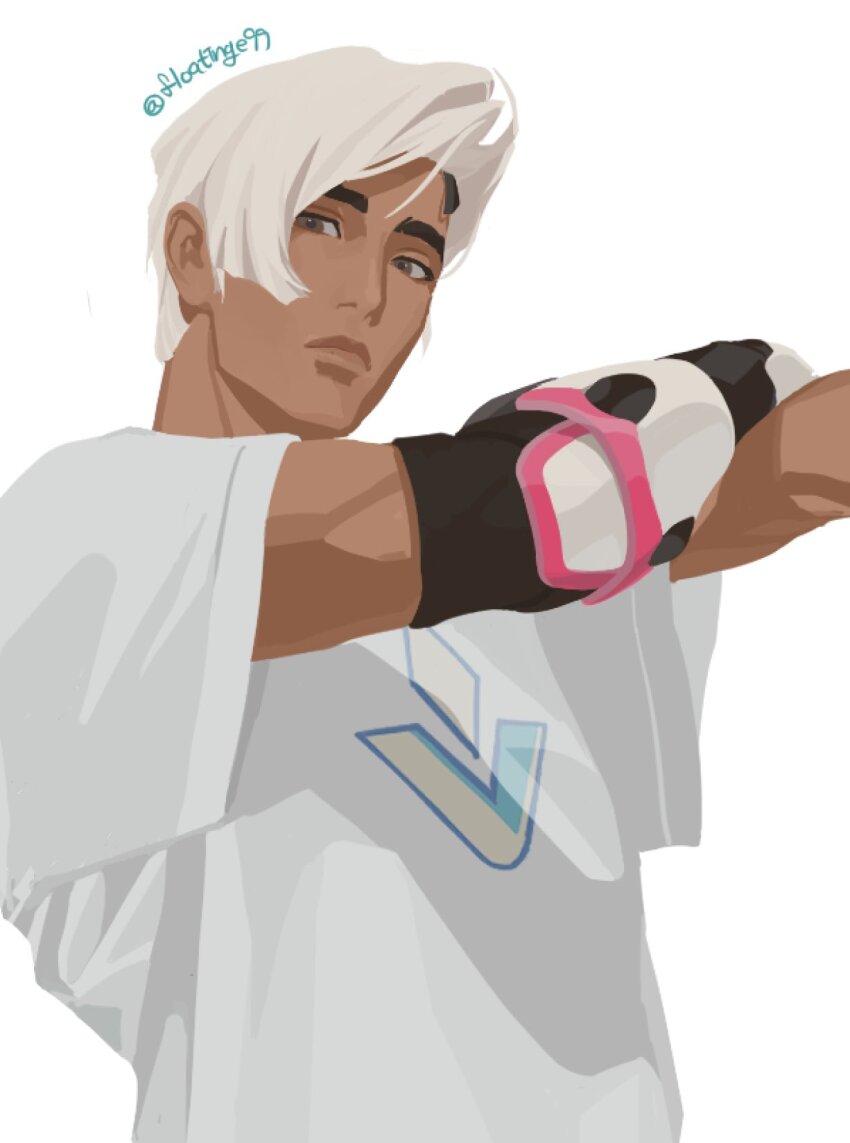 1boy alternate_hairstyle brown_eyes closed_mouth commentary cross-body_stretch dark-skinned_male dark_skin floatinge99 highres lifeweaver_(overwatch) looking_at_viewer male_focus overwatch overwatch_2 print_shirt prosthesis prosthetic_arm shirt short_sleeves simple_background solo symbol-only_commentary t-shirt upper_body white_background white_hair white_shirt
