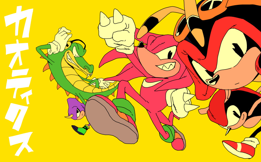 5boys absurdres animal_nose antennae arthropod_boy bee_boy black_eyes charmy_bee clenched_hands closed_eyes closed_mouth espio_the_chameleon furry furry_male gloves grin headphones helmet highres knuckles&#039;_chaotix knuckles_the_echidna looking_at_viewer male_focus mighty_the_armadillo multiple_boys red_footwear reptile_boy shoes simple_background smile sonic_(series) sonic_the_hedgehog_(classic) tokiwa757 translation_request vector_the_crocodile white_gloves yellow_background
