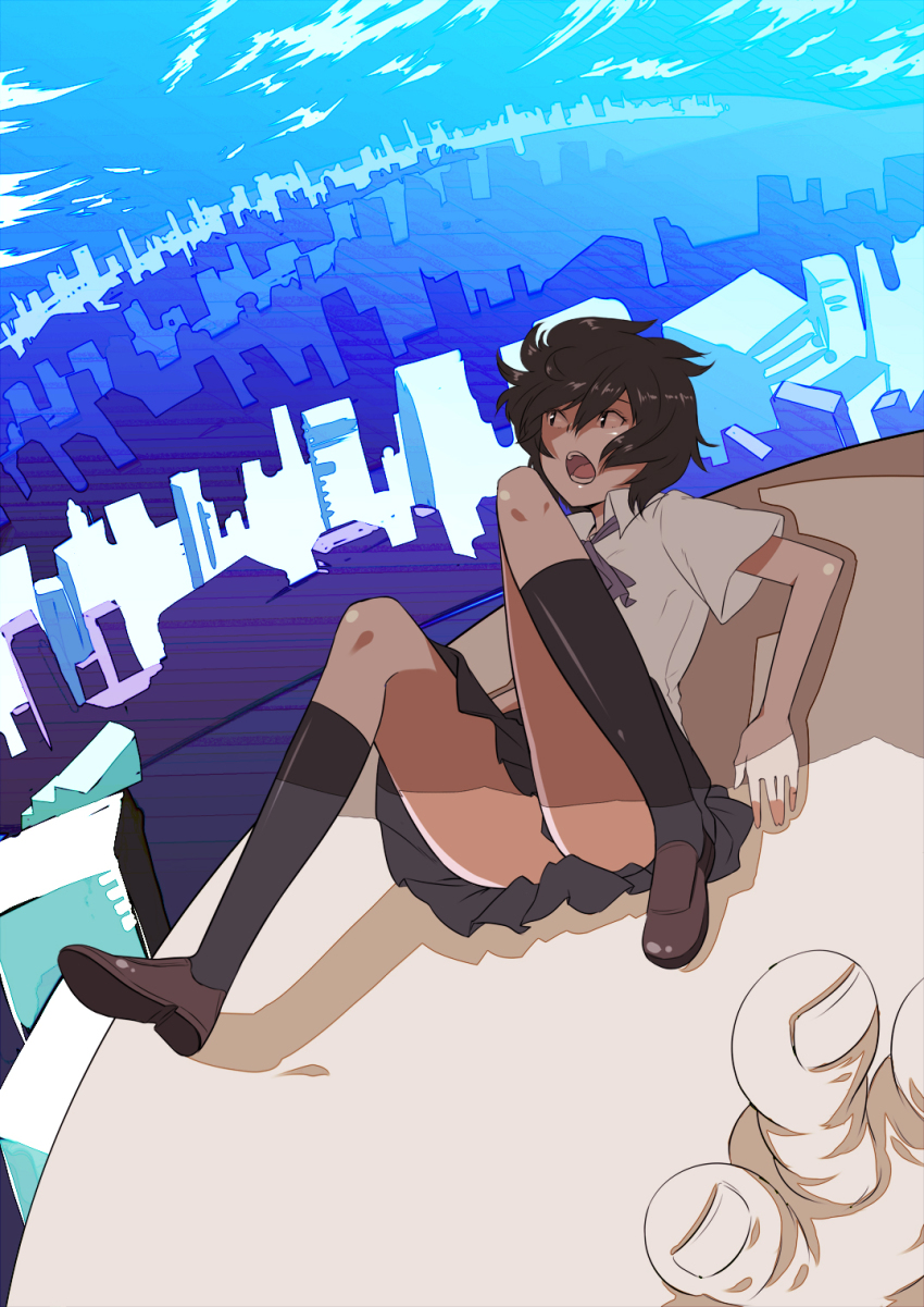 1girl bad_id bad_pixiv_id cenco cencoroll day female_focus furai highres legs outdoors shoes short_hair skirt sky socks solo yuki_(cencoroll)