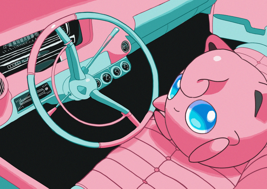 absurdres aqua_eyes car_interior closed_mouth commentary gen_1_pokemon highres jigglypuff looking_at_viewer nintendo no_humans pokemon pokemon_(creature) saiku_(zvlku) sitting smile solo steering_wheel