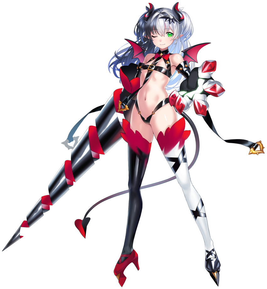 1girl alecky breasts demon_girl full_body highres holding_lance holding_polearm holding_weapon horns lance lilith-soft looking_at_viewer mini_wings multicolored_hair navel pointy_ears polearm revealing_clothes shiny_skin small_breasts taimanin_(series) taimanin_rpgx thong transparent_background tsune-sensei two-tone_hair weapon wide_hips wings