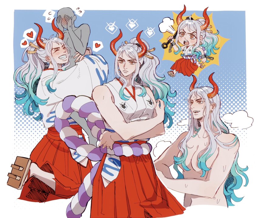 2girls blush breasts club club_(weapon) cuffs curled_horns earrings green_hair hair_ornament hakama hakama_pants highres hoop_earrings horns japanese_clothes jewelry kimono long_hair multicolored_hair multicolored_horns multiple_girls nude one_piece oni pants red_horns rope seirorath shackles shimenawa sleeveless sleeveless_kimono spiked_club weapon wet white_hair yamato_(one_piece) yuri