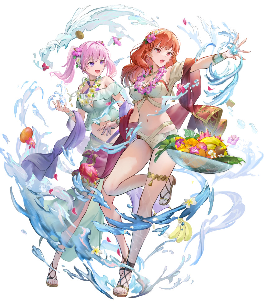 2girls attack bikini bowl breasts celica_(fire_emblem) celica_(summer)_(fire_emblem) cleavage criss-cross_halter fire_emblem fire_emblem:_the_blazing_blade fire_emblem_echoes:_shadows_of_valentia flower food fruit fruit_bowl hair_flower hair_ornament halterneck highres holding holding_bowl medium_breasts multiple_girls navel nintendo non-web_source official_alternate_costume official_art open_mouth pink_hair purple_eyes red_eyes red_hair red_shawl sandals sarong see-through_clothes see-through_sarong serra_(fire_emblem) serra_(summer)_(fire_emblem) shawl smile swimsuit twintails v-shaped_eyebrows water white_bikini yellow_bikini
