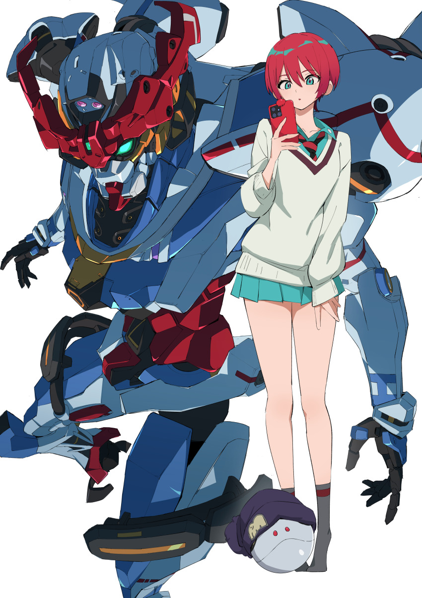1girl :o absurdres amate_yuzuriha beanie black_hat black_socks cellphone collared_shirt commentary_request diagonal-striped_clothes diagonal-striped_necktie gquuuuuux green_eyes green_shirt green_skirt gundam gundam_gquuuuuux hair_between_eyes haro hat highres holding holding_phone long_sleeves looking_at_phone mecha miniskirt mobile_suit necktie no_shoes non-humanoid_robot parted_lips pen_guin15 phone pleated_skirt pom_pom_(clothes) pom_pom_beanie puffy_long_sleeves puffy_sleeves red_hair robot school_uniform science_fiction shirt short_hair simple_background skirt sleeves_past_wrists smartphone socks standing striped_clothes sweater tiptoes v-fin white_background white_sweater