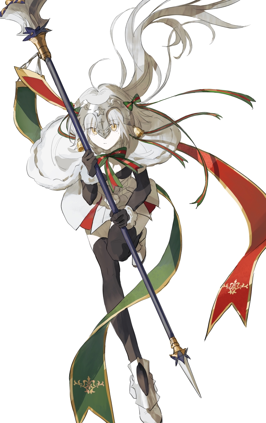 absurdres ahoge armored_boots bell bikini bikini_top_only black_gloves black_thighhighs boots bow capelet closed_mouth elbow_gloves fate/grand_order fate_(series) fur-trimmed_capelet fur_cuffs fur_trim gloves green_bow green_ribbon hair_bow headpiece high-waist_skirt highres holding holding_polearm holding_weapon jeanne_d&#039;arc_alter_santa_lily_(fate) long_hair looking_at_viewer mimulishizi polearm ribbon short_hair skirt spear striped_bow swimsuit thighhighs very_long_hair weapon white_background white_capelet white_hair yellow_eyes