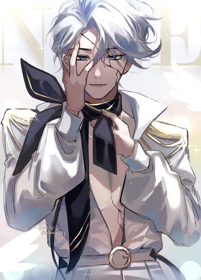 1boy absurdres belt blue_eyes character_name cowboy_shot cracked_skin curtained_hair epaulettes hand_on_own_face highres looking_at_viewer male_focus neck_ribbon nice_(to_be_hero_x) open_clothes open_shirt pectorals puffy_sleeves ribbon saihachi06 shirt short_hair smile solo swept_bangs to_be_hero to_be_hero_x white_hair white_shirt