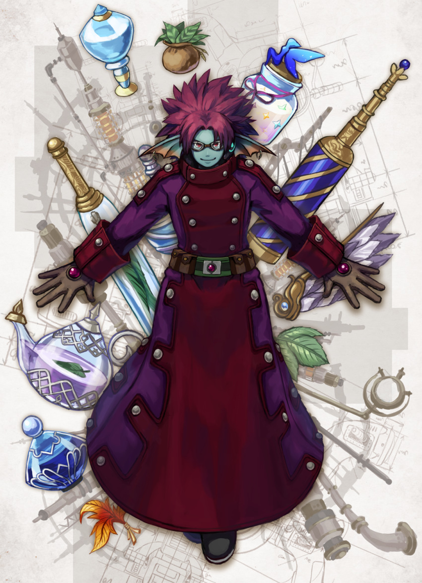 1boy aqua_skin belt blueprint_background brown_gloves buttons coat colored_skin commentary_request double-breasted dragon_quest dragon_quest_x fins fish_boy flei_rainbow full_body glass_teapot gloves goggles grey_background head_fins highres lead_pipe leaf looking_at_viewer male_focus medium_hair multicolored_coat overcoat parted_bangs pink_hair purple_coat red_coat red_eyes smile solo spiked_hair vial weddie_(dq10)