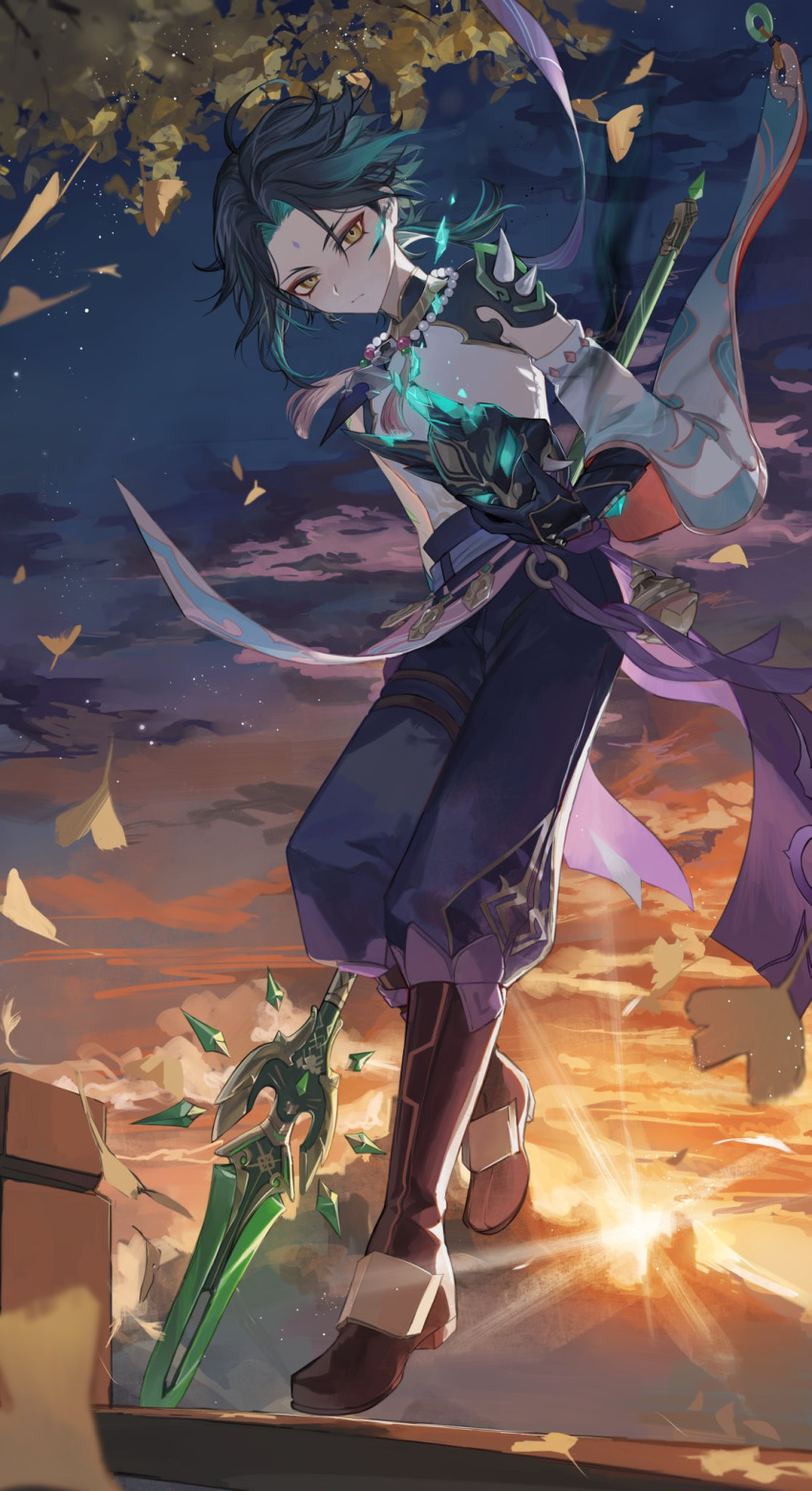 1boy bead_necklace beads black_gloves black_hair black_mask closed_eyes closed_mouth cloud commentary_request facial_mark forehead_mark genshin_impact gloves glowing gradient_hair green_hair highres holding holding_mask holding_polearm holding_weapon jewelry leaf looking_at_viewer male_focus mask multicolored_hair necklace polearm primordial_jade_winged-spear_(genshin_impact) sky solo tassel tree weapon xiao_(genshin_impact) zaso