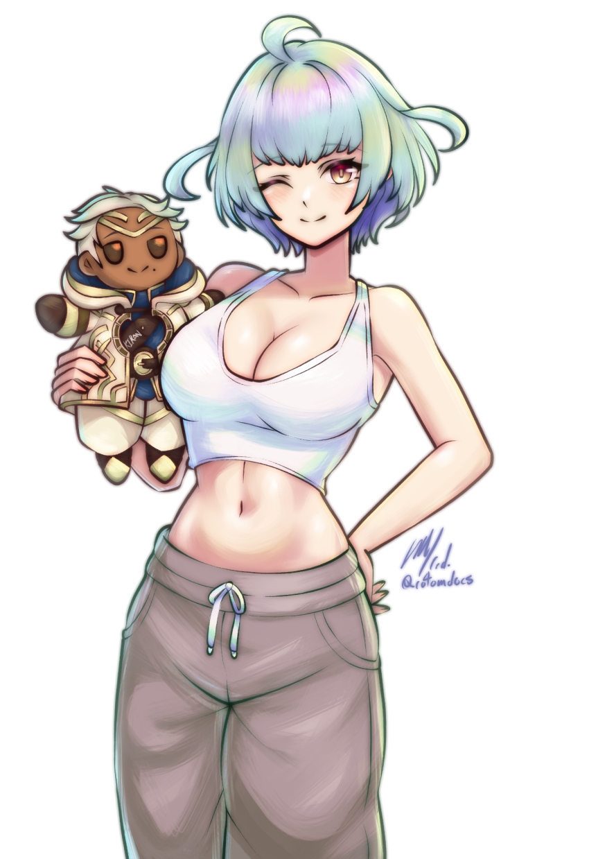 1girl bob_cut breasts cleavage crop_top fire_emblem fire_emblem_heroes hand_on_own_hip highres holding holding_stuffed_toy kiran_(fire_emblem) male_kiran_(fire_emblem) large_breasts looking_at_viewer navel nintendo one_eye_closed pants rotomdocs seidr_(fire_emblem) shirt short_hair sleeveless sleeveless_shirt smile stuffed_toy sweatpants white_shirt