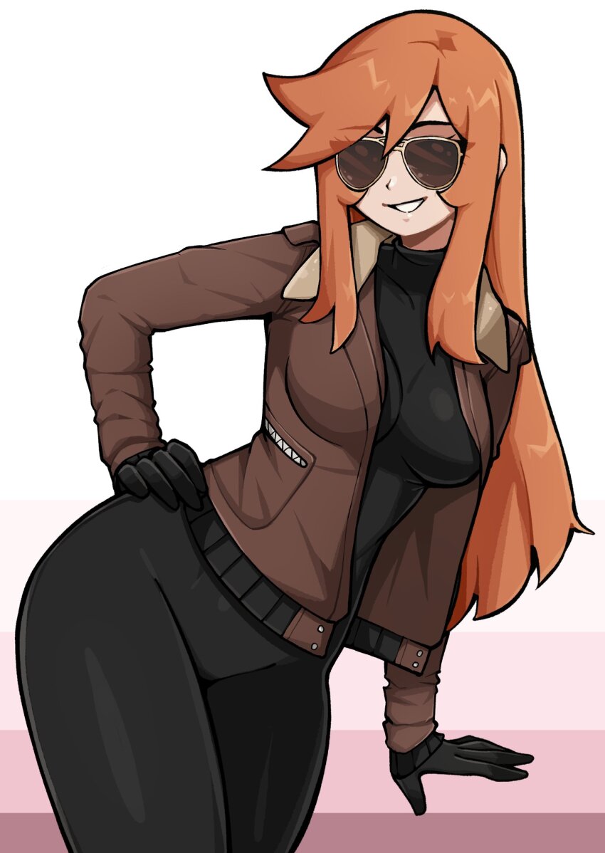 1girl black_gloves black_pants black_shirt blush borrowed_character breasts brown_jacket commentary commission cowboy_shot english_commentary facing_viewer gloves hand_on_own_hip highres jacket long_hair long_sleeves medium_breasts oninuer open_clothes open_jacket orange_hair original pants parted_bangs parted_lips shirt sidelocks smile solo sunglasses