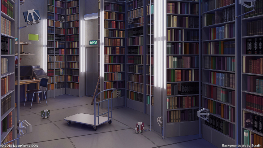 2018 3d artist_name book bookshelf cart chair computer cup cyrillic door highres indoors interior computer_keyboard lamp library monitor computer_mouse no_humans office_chair original scenery shadow shelf sign surafin swivel_chair table tile_floor tiles wall wall_lamp