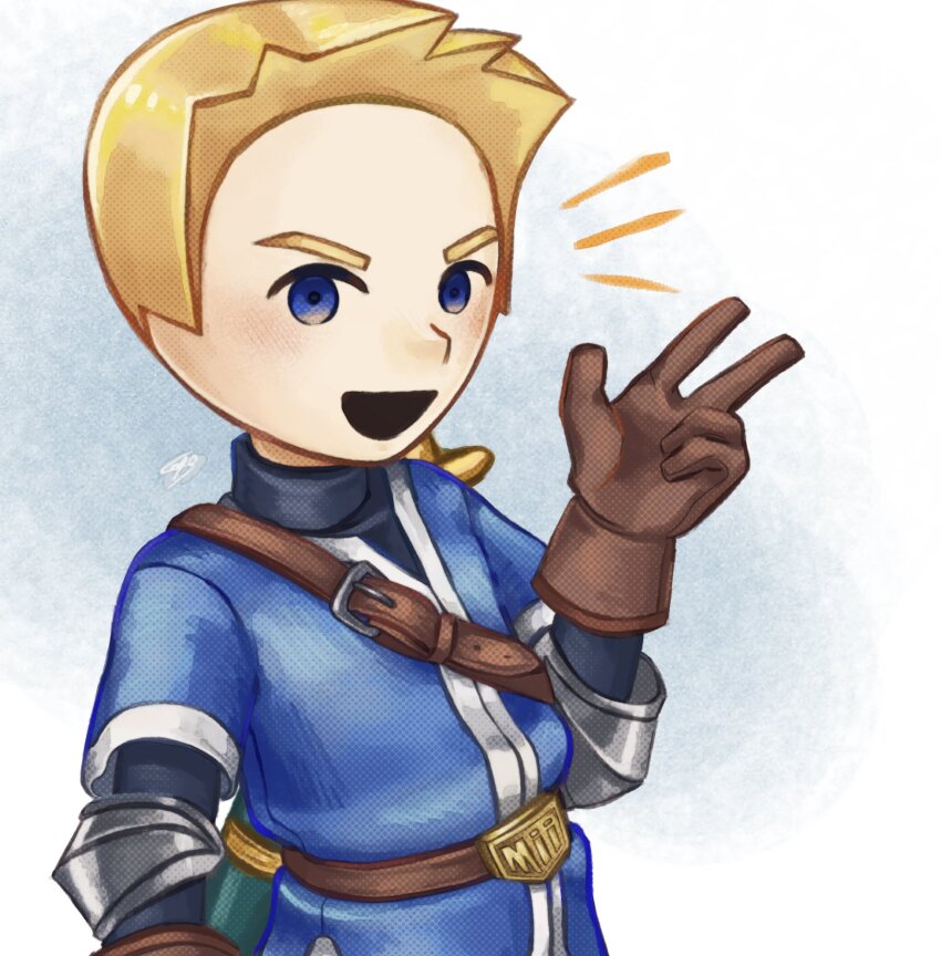 1boy 1girl :d armor belt blonde_hair blue_eyes blush brown_belt brown_gloves buckle gloves hand_up highres long_sleeves looking_at_viewer male_focus mii_(nintendo) mii_swordfighter_(smash_ultimate) nintendo notice_lines nyo02921978 open_mouth short_hair signature simple_background smile solo super_smash_bros. upper_body v white_background