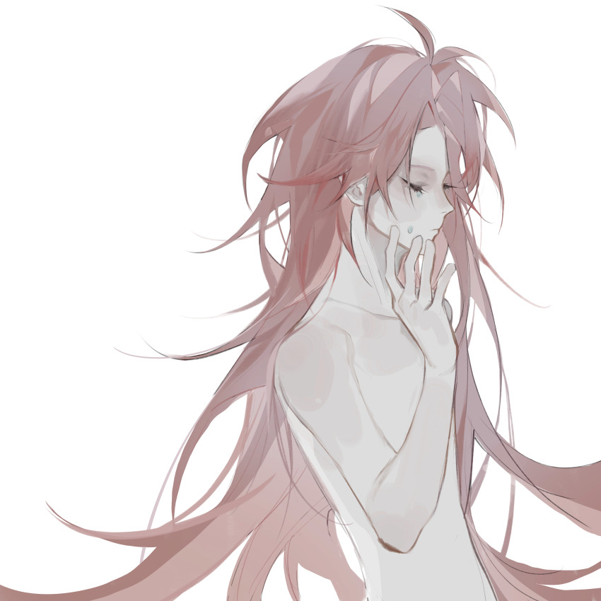 1boy absurdres ahoge c8h11o2n chinese_commentary closed_eyes closed_mouth collarbone commentary_request completely_nude crying hand_on_own_cheek hand_on_own_face hatsutori_hajime highres long_hair male_focus messy_hair nude pale_skin pink_hair saibou_shinkyoku simple_background solo transparent_background upper_body variant_set very_long_hair