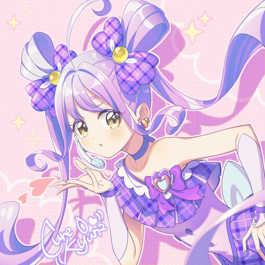 1girl ahoge arm_warmers blowing_kiss blue_hair bow bow_choker buttons character_name choker cure_kyunkyun diamond_(shape) double-breasted double_bun dress earpiece earrings flat_chest hair_bow hair_bun hand_on_own_hip heart highres huge_ahoge jewelry kimi_to_idol_precure long_hair looking_at_viewer magical_girl multicolored_hair outline pink_background plaid_bow plaid_clothes plaid_dress polka_dot polka_dot_background precure puckered_lips purple_bow purple_dress purple_hair rice_rabbit22 shigure_kokoro sleeveless sleeveless_dress solo streaked_beard twintails two-tone_hair upper_body very_long_hair yellow_eyes