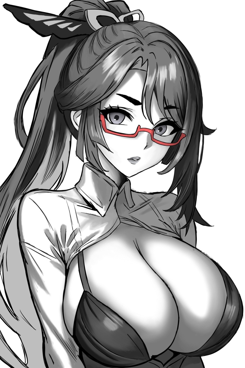 1girl breasts chinese_hairpin cleavage genshin_impact glasses high_ponytail highres large_breasts long_hair looking_at_viewer monochrome mordredpenx multicolored_hair ponytail red-framed_eyewear semi-rimless_eyewear simple_background solo spot_color two-tone_hair under-rim_eyewear very_long_hair xianyun_(genshin_impact)