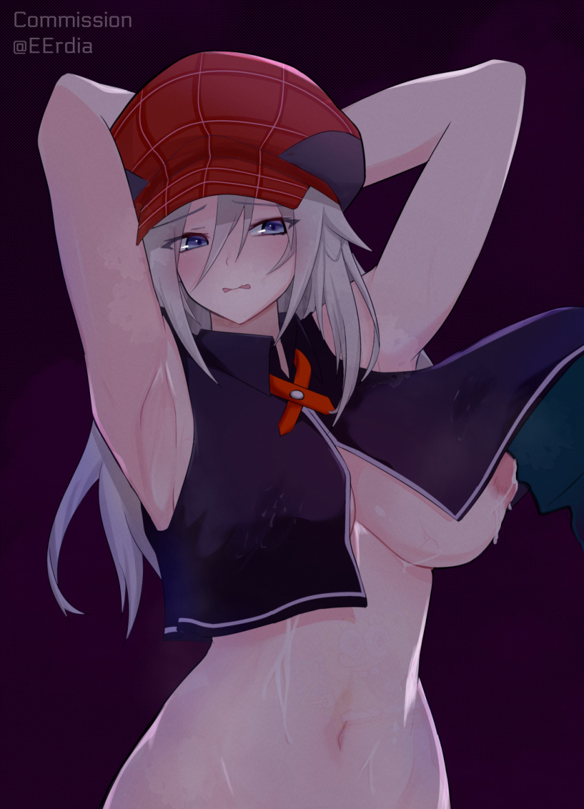 1girl alisa_ilinichina_amiella armpits arms_up bare_shoulders black_background black_vest blue_eyes blush breasts newsboy_cap commentary commission cowboy_shot cropped_vest eruda_erudia god_eater god_eater_burst grey_hair groin hair_between_eyes hat highres inverted_nipples lactation large_breasts long_hair navel nipples parted_lips plaid_clothes red_hat sidelocks simple_background solo standing stomach twitter_username vest vest_lift