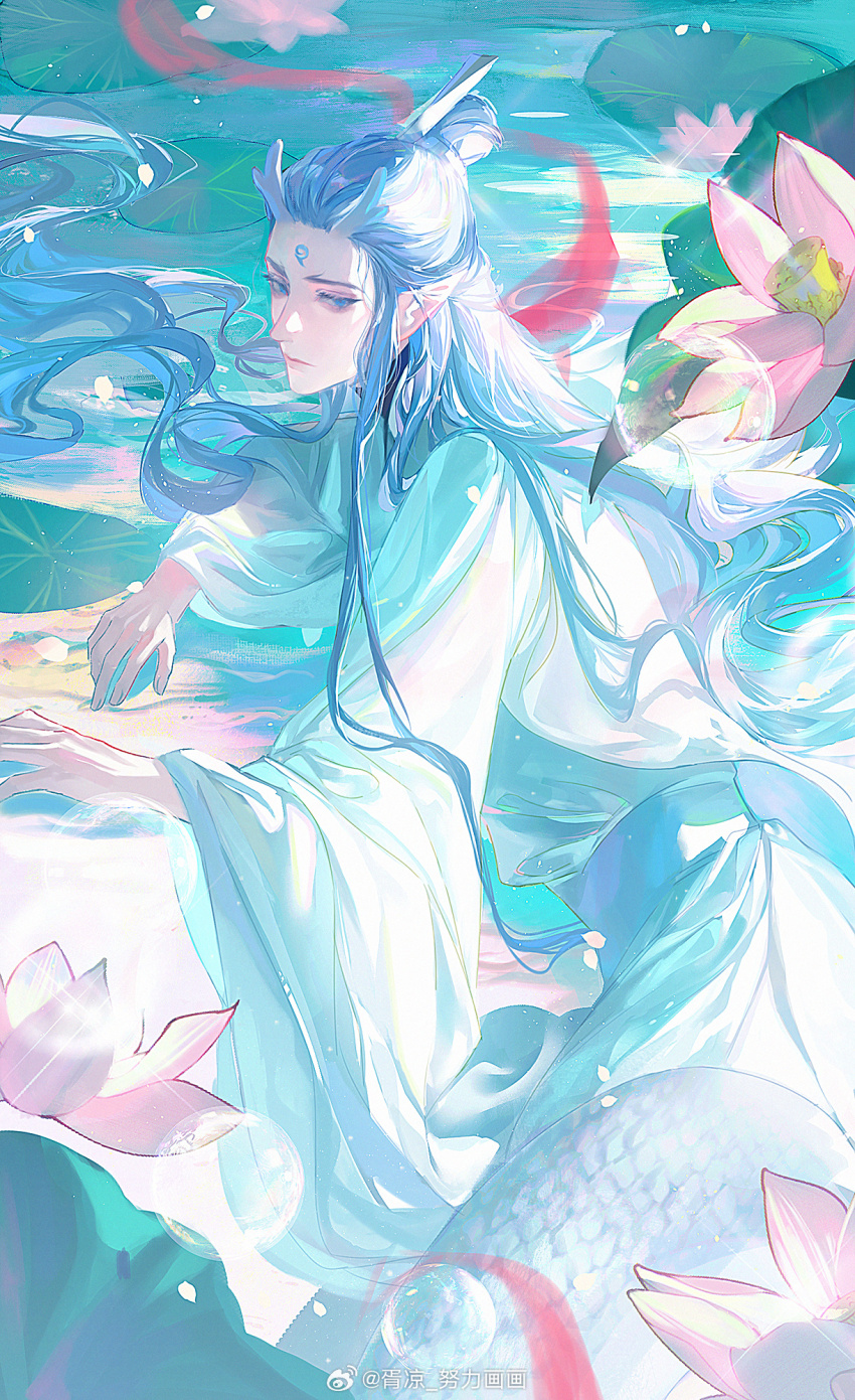 1boy aegyo_sal ao_bing_(nezha_zhi_motong_jiangshi) blue_eyes blue_hair blue_sash bubble chinese_clothes chinese_commentary closed_mouth cowboy_shot dragon_boy dragon_tail eastern_dragon_horns eastern_dragon_tail facial_mark flower forehead_mark glint hair_bun hanfu highres long_hair long_sleeves looking_at_viewer lotus lotus_leaf lotus_pod lying male_focus nezha_zhi_motong_jiangshi on_side pointy_ears sash scales solo tail three_quarter_profile water watermark weibo_watermark white_hanfu wide_sleeves xiao_guan_(headdress) xu_liang