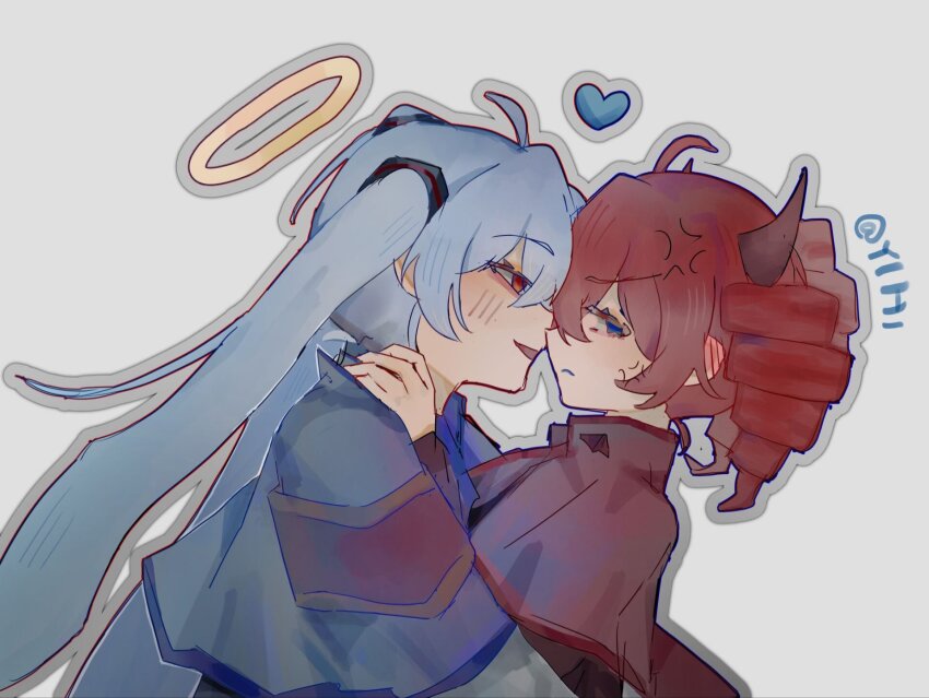 2girls ahoge anger_vein angry artist_name black_capelet blue_capelet blue_eyes blue_hair blue_trim blush capelet daidaidaidaidaikirai demon_horns drill_hair facing_another frown hair_between_eyes halo hashtag-only_commentary hatsune_miku highres horns kasane_teto long_hair long_sleeves multiple_girls red_eyes red_hair red_trim synthesizer_v twin_drills twintails utau vocaloid yellow_halo yihi yuri