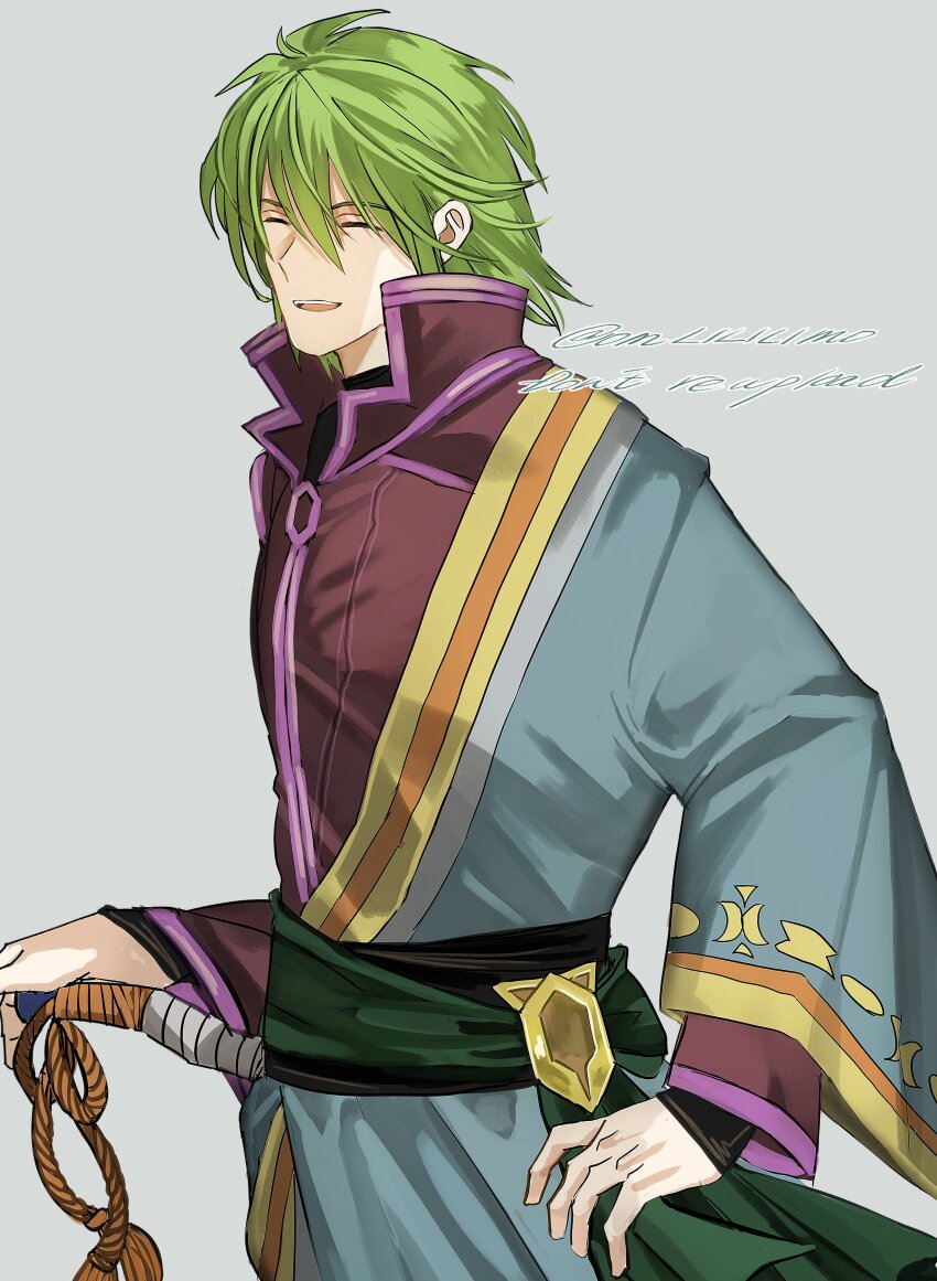 1boy absurdres arm_out_of_sleeve closed_mouth colored_skin fire_emblem fire_emblem:_radiant_dawn green_hair green_sash highres jacket male_focus nintendo omlililimo orange_skin purple_jacket sash solo stefan_(fire_emblem) swordman waist_sash