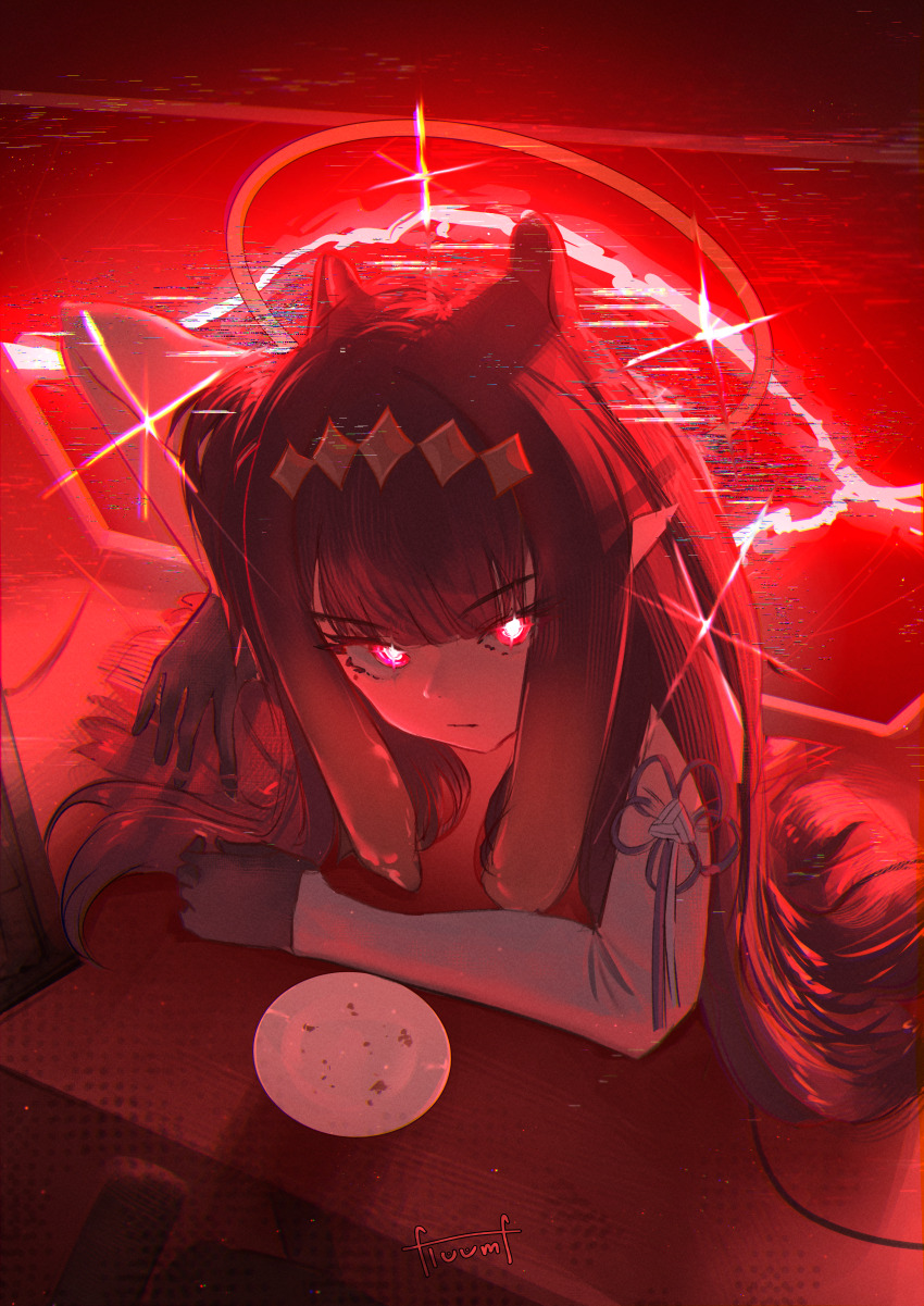 1girl absurdres black_gloves black_hair closed_mouth detached_sleeves diamond_hairband floomf gloves halo highres hololive hololive_english long_hair looking_at_viewer ninomae_ina&#039;nis ninomae_ina&#039;nis_(1st_costume) pink_eyes plate pointy_ears red_hair red_halo single_detached_sleeve solo tentacle_hair through_medium through_screen virtual_youtuber white_sleeves