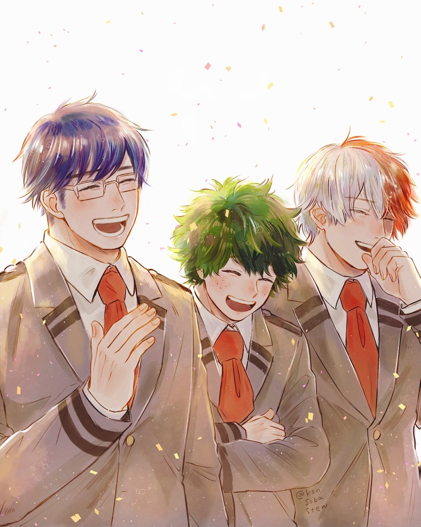 3boys black_hair boku_no_hero_academia closed_eyes collared_shirt confetti fingernails freckles green_hair grey_jacket highres iida_tenya jacket konsobastew laughing male_focus midoriya_izuku multicolored_hair multiple_boys necktie open_mouth rectangular_eyewear red_hair red_necktie school_uniform shirt short_hair sideburns split-color_hair teeth todoroki_shoto white_background white_hair