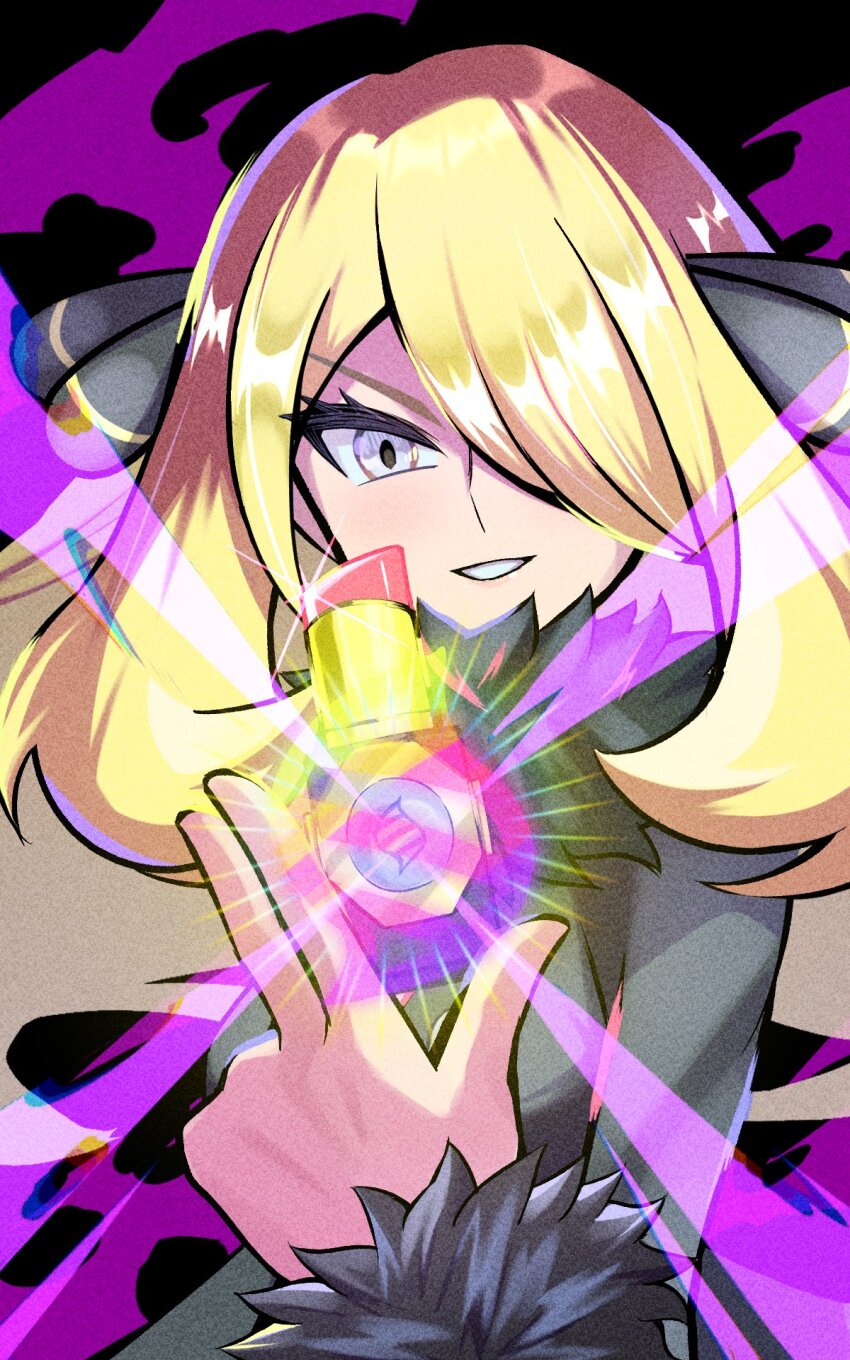1girl black_background black_coat blonde_hair coat cosmetics cynthia_(pokemon) grey_eyes hair_ornament hair_over_one_eye highres holding holding_lipstick_tube inana_umi lipstick_tube long_hair long_sleeves looking_at_viewer mega_evolution_symbol nintendo pokemon pokemon_(anime) pokemon_journeys purple_aura smile solo very_long_hair