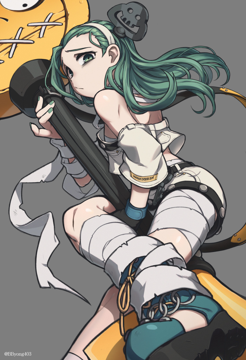 1girl a.b.a absurdres artist_name bags_under_eyes bandaged_arm bandaged_leg bandages bare_shoulders bbyong403 commentary_request crop_top fingernails green_eyes green_hair green_nails guilty_gear guilty_gear_strive hairband highres holding holding_pole key key_in_head korean_commentary looking_at_viewer mixed-language_commentary nail_polish object_through_head off-shoulder_shirt off_shoulder pale_skin paracelsus_(guilty_gear) pole shirt short_hair short_sleeves shorts stitched_mouth stitches twitter_username white_hairband white_shirt white_shorts
