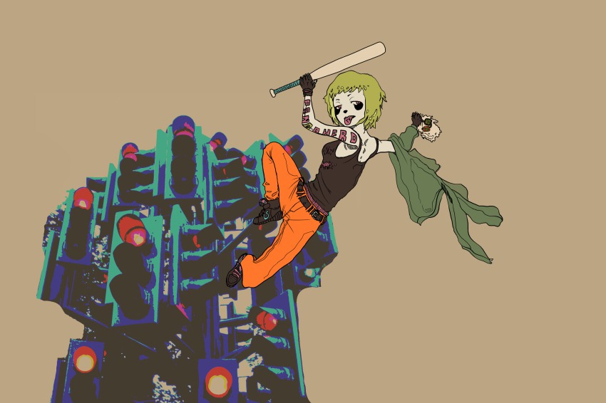 baseball_bat green_hair gumi highres hood hoodie panda_hero_(vocaloid) pink_eyes tank_top traffic_light vocaloid